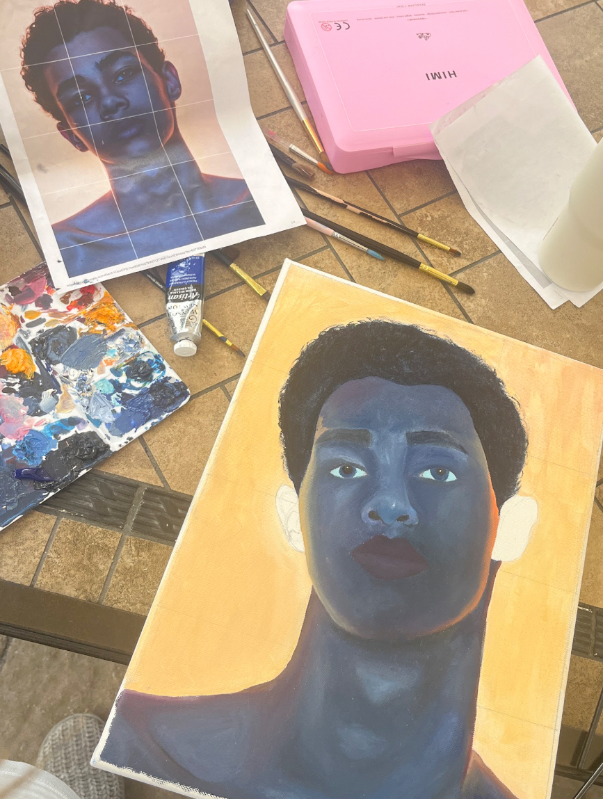 An oil painting of an African american man, his hair and skin are made up of dark blue. he reflects yellow and orange at the highlights of his skin due to the yellow background and lighting.
