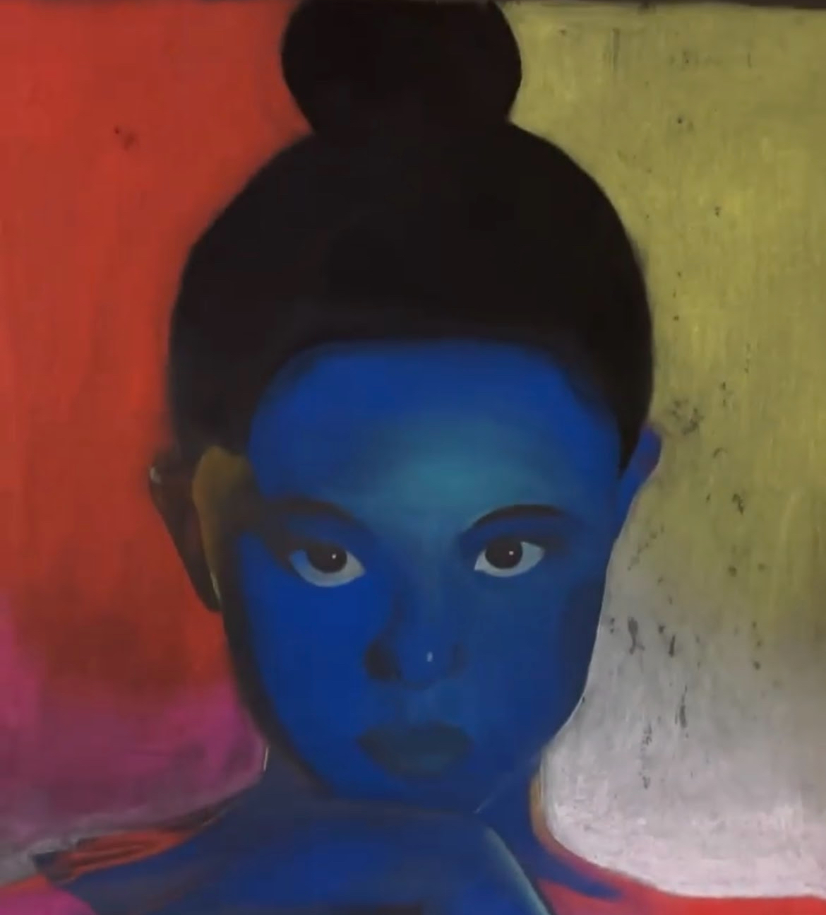 A large portrait made with the medium of pastels, it is a chalky texture. The image is of an asian young woman with a black bun, her skin is made up of different neon blue due to lighting. The background is red on the left and yellow on the right. 